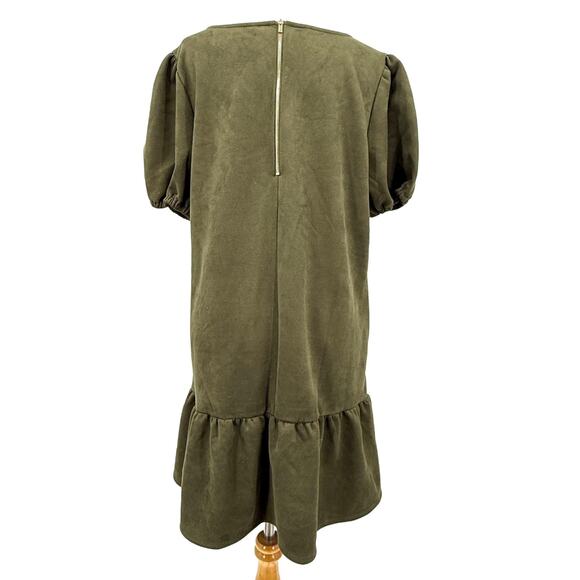 Sharagano Dress Women's 14 Olive Green Faux Suede Puff Sleeve Forest Fairy Shift - Picture 4 of 8